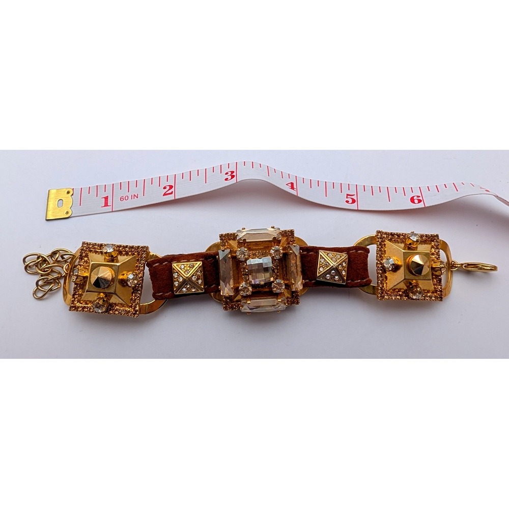Gold Tone Amber Crystal Suede Cuff Bracelet Pyramid Stud Statement Jewelry